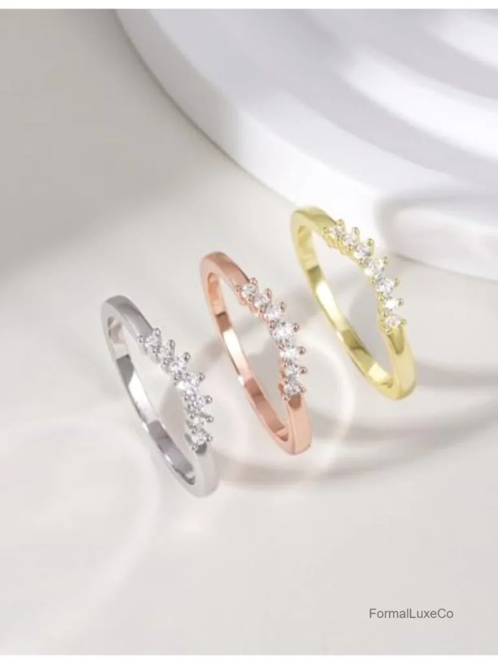 14K Gold Plated Curved CZ Wedding Band Ring Stackable Dainty Simulated Diamond